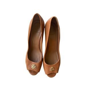 Tory Burch Brown Leather Peep Toe Wedge Heels Size 8.5